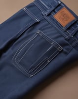 Close-up view of blue denim fabric with a focus on a pocket that features a red logo tag. Copper rivets are visible, highlighting the stitching and texture of the material.