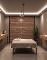 A charming two-story building with teal window frames and doors set against a white facade. The brown roof complements the neatly trimmed plants that line the patio. A street runs in front with a zebra crossing and yellow-black striped curbs. A signboard advertises the availability of both air-conditioned and non-air-conditioned rooms.