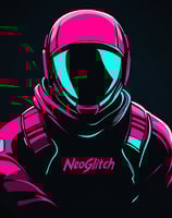 Personnage de jeu vidéo avec casque et logo NeoGlitch