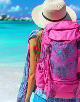 a woman in a hat and a pink backpacker