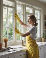 a cleaning lady cleans a window with yellow gloves on