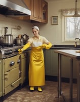 a cleaning lady in a kitchen with yellow gloves on and a yellow apron