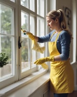 a cleaning lady cleans a window wearing yellow gloves and a yellow apron