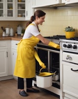 a cleaning lady wearring a yellow apron cleans an oven