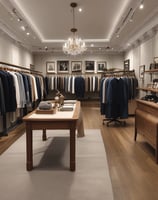 A tailor shop window display featuring a plaid suit on a mannequin, with elegant gold lettering that reads 'Kings Inch Tailor Est. 1943.' Inside the shop, there are neatly organized racks of shirts, jackets, and shoes. The interior has a vintage style with dark wooden shelves and green walls. A framed photograph of a man holding a child's hand adds a personal touch.