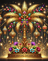 a golden tree with many colorful ornaments and decorations