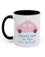 a pink and white mug with a pink taxi cab
