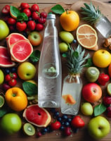 A vibrant composition with a tall pink can labeled 'Hungry Healthy Happy' surrounded by fresh fruit, including pomegranate halves, blackberries, and blueberries, set against a backdrop of light blue and lime green surfaces.