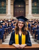 Two people are present, one assisting the other in adjusting a graduation cap and gown. Both are wearing academic robes with yellow stoles. They appear to be in an educational setting, possibly a hallway, with blurred background details.
