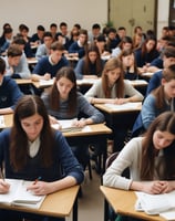 A classroom setting with several people seated at long tables with laptops and papers, attending a presentation or workshop. A presenter is standing to the right of the image, engaging with the audience. The room is well-lit, with a large banner on the wall displaying the topic 'Student Question in the Contemporary Classroom'. Various items such as flowers, cups, and boxes are placed on the tables.