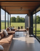 A black, minimalistic tiny house on wheels is situated in a forested area. The house features a small window and a door with a light above it. There's a picnic table in front on a gravel ground. The surrounding is dense with tall trees, and the ambiance feels serene and secluded.