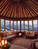 A modern tiny house with large windows is situated amidst a lush green landscape. The structure appears to be a compact living space, featuring an outdoor seating area with a patio umbrella. It is surrounded by tall trees and a grassy field dotted with small wildflowers.