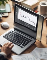 An interior space with a high ceiling featuring a large electronic board displaying various financial data and numbers. There is modern seating with red and white chairs, and a person is walking through the room.