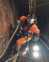 Two workers are suspended on ropes, painting or cleaning the exterior of a tall building. They are positioned on a vertical wall with multiple rectangular windows, dressed in safety gear.