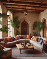 A contemporary and stylish lobby lounge with a modern art piece on the wall. The seating area includes a grey sofa, two beige armchairs, and a wooden coffee table with a green plant. The space is complemented by wooden accents, a marble wall feature, and several potted plants, creating a welcoming and sophisticated ambiance.