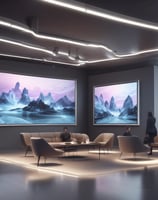 A modern home entertainment setup featuring a large flat-screen TV mounted on a light-colored wall. Two tall black speakers stand on either side of the TV. The room has a minimalist design with a clean, uncluttered look. Shelving and a wooden door are visible in the background.