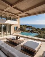 A luxurious two-story house with a white facade and wrap-around balcony overlooking a pristine swimming pool in the foreground. Tropical plants and trees surround the property, enhancing the serene atmosphere. The modern extension on the right side features large windows and wooden paneling.