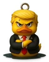 a rubber duck with a red tie and a black suit