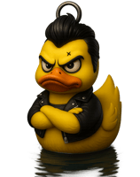 a rubber duck with a leather jacket on