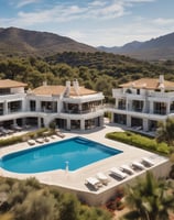 A luxurious villa with a red-tiled roof is set against a backdrop of dark, cloudy skies. There is a clear blue swimming pool in the patio area surrounded by a wooden deck. The lush greenery and landscaped plants border the patio, adding to the tranquil atmosphere.