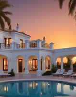 A luxurious villa serves as the backdrop to a lush garden area with sun loungers scattered on a well-manicured lawn. The building is a grand, multi-story structure with multiple windows and balconies. Tall, mature trees flank the garden, providing a sense of privacy and tranquility. A few people are visible, some relaxing on the loungers while others enjoy the nearby pool. There's a sense of summer leisure and relaxation captured in the scene.