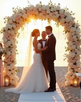 Elegant beachfront wedding ceremony in Miami with bride and groom exchanging vows under a floral arch, featuring luxury decor