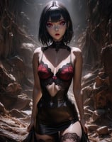 a woman in a black and red lingersuit