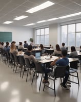 A large group of people, consisting of both men and women, are gathered in a room. Some are sitting on chairs while others are standing around them. The room seems to be set up for a professional training or workshop, as indicated by a banner in the background. The environment appears formal, with a presentation screen and tables with documents and water bottles.