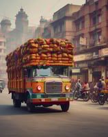 A person is maneuvering a hand truck loaded with large boxes on a street. The individual is dressed casually and appears to be delivering or transporting the parcels. A white van is parked nearby, partially blocking the road. The surroundings include an old, weathered building with a red, peeling wall and a decorative blue door.
