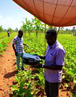 Farmers Using Technology, An image of farmers using smartphones or tablets in the field, analyzing