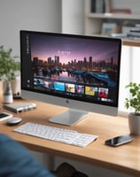A laptop displays a web browser on the eBay homepage, showing a prominent green advertisement offering up to 70% off on Apple tech with a two-year warranty. The ad features images of a smartwatch and a smartphone. The surrounding environment includes a wooden table and blurred indoor plants in the background.