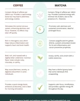 Coffee vs. Matcha: Infographic comparing energy boost, caffeine crash, and antioxidants.