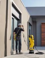 A robotic outdoor sweeper is positioned on a wooden deck surrounded by lush green trees. The machine is labeled with #ROBOCLEANING and appears to be designed for outdoor maintenance.
