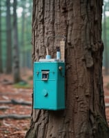 A tree trunk with white and green paint markings is displayed in a forest setting. The background includes additional trees with foliage, creating a natural environment.