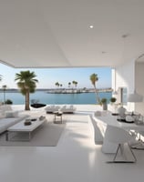 A luxurious residential area featuring a villa with a tile roof surrounded by palm trees and lush landscaping. In the background, a tranquil lake reflects the clear blue sky, and mountains rise up in the distance, creating a serene and picturesque setting.