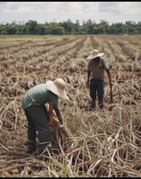 A large group of people working in a sugarcane field, with some cutting the stalks and others bundling them. The scene includes a palm tree, several horses, and a man on horseback. The setting has a clear sky with some clouds and windmills in the background.