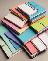 A stack of notebooks or journals with different colored covers and ribbon bookmarks is piled on a dark surface. The covers are textured, varying in patterns and colors, and the pages appear to be slightly used, suggesting regular use.