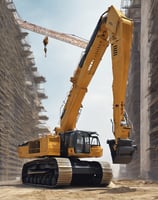 A construction worker wearing a safety helmet and high-visibility vest is standing on scaffolding, working on the exterior of a high-rise building. The building has a modern design with large windows and concrete panels. The worker appears to be focused on a task, possibly involving repairs or installation.