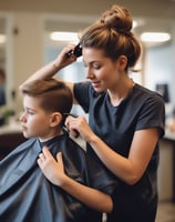 A man in a barber shop chair is having his hair cut by a barber. The barber, wearing a plaid shirt, carefully trims the man's hair. The salon features wooden walls and shelves with various hair products, accompanied by warm lighting from small, circular lights.