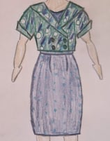 The fashion sketch of a navy polka dot reversible sheath dress and green 50's inspired jacket