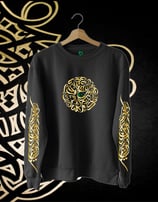 a black and gold shirt with a gold and green design