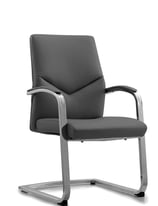 Cantilever base meeting chair with grey upholstery and open armrests