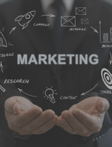 a man in a suit holding a sign that says marketing
