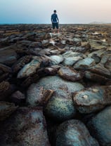 a man standing on a rocky beach with a surfboard