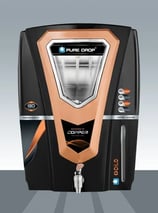 a black and orange water purifier with a black and white background