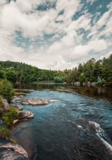 a river with rocks and trees in the background