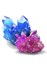a cluster of blue, pink, and purple crystals