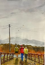 a painting of three people walking on a bridge