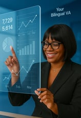 a woman in a business suit is holding a tablet with a business card