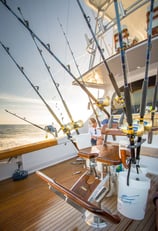 a man fishing on a boat with fishing rods